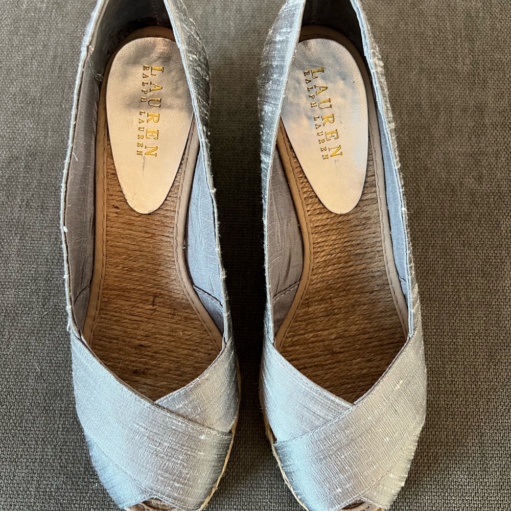 Lauren Ralph Lauren Cecilia Silk Silver Shantung Espadrille Wedge Heels SZ 9